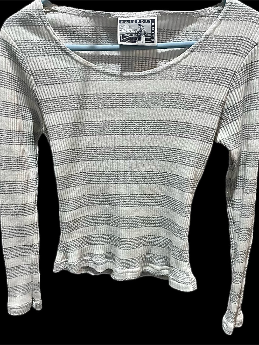 Vintage Passport Knits Striped Metallic Silver Ribbed Top Size Large Y2K 90s